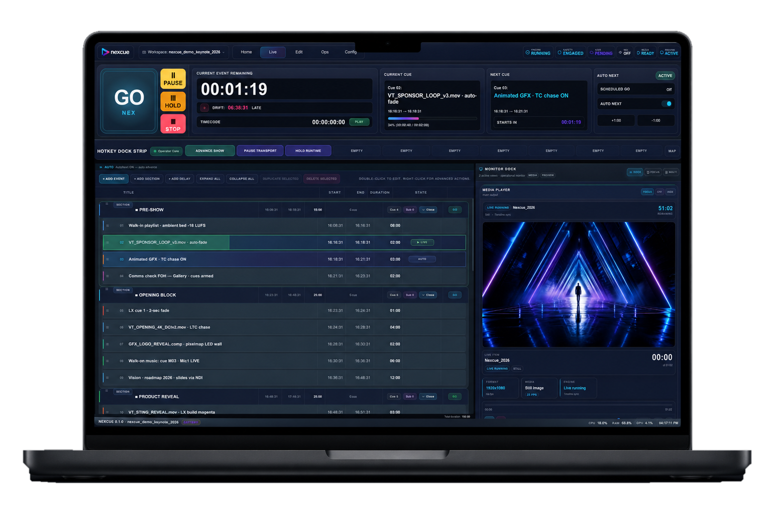 NEXCUE Studio — Live view running a keynote rundown on a MacBook